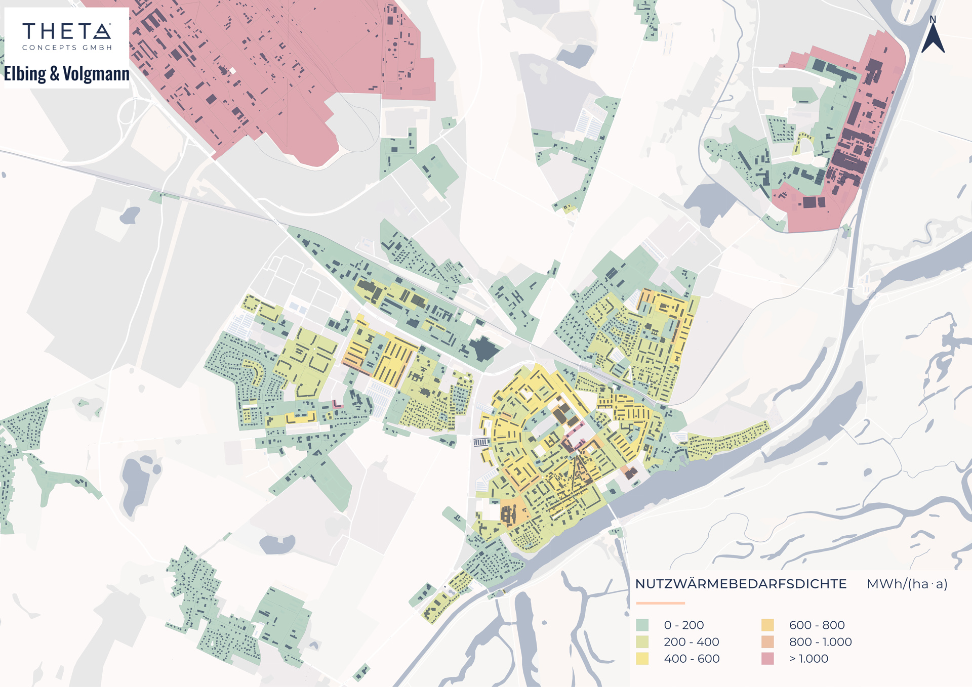 Karte mit verschieden farbigen Flächen von grün über gelb bis rot