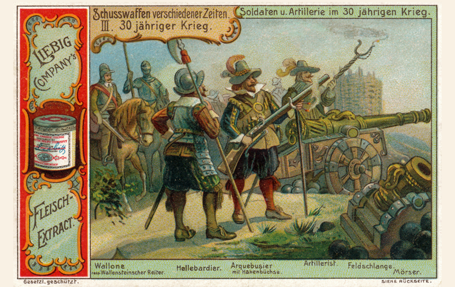 Kaufmannsbild zeigt Soldaten und Artillerie im Dreißigjährigen Krieg.