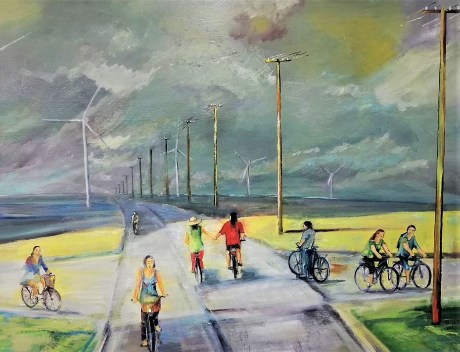 Gemälde Radfahrer in weiter Landschaft mit Windrädern und Strommasten