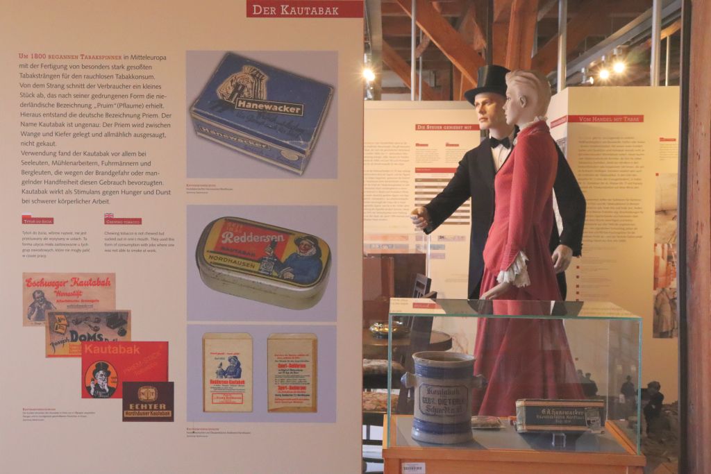 Texttafel in Vordergrund mit Bildern von Kautabakdosen, im Hintergrund Figuren mit historischer Kleidung. 