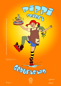 orangenes Plakat mit einer grafischen Darstellung der tanzenden Pippi