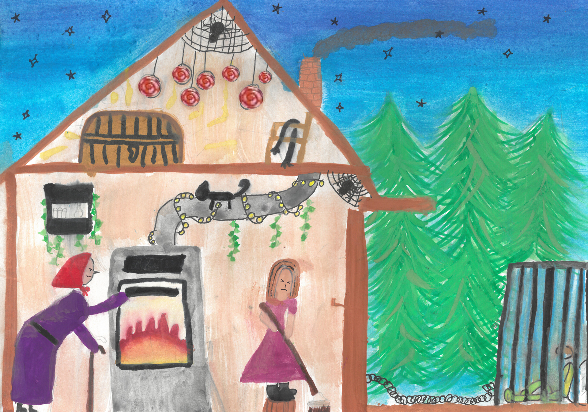 Grafik: Gretel putzt das Haus, die Hexe steht am Ofen und Hänsel sitzt im Käfig draußen vor dem Haus  Grafik: Gretel putzt das Haus, die Hexe steht am Ofen und Hänsel sitzt im Käfig draußen vor dem Haus