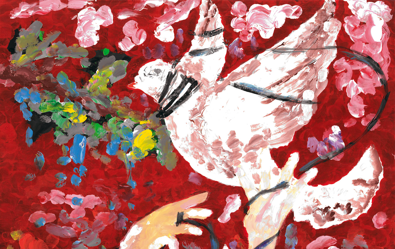 gemaltes Bild: eine weiße Taube hat sich in einem schwarzen Band verfangen, Arme recken sich ihr entgegen