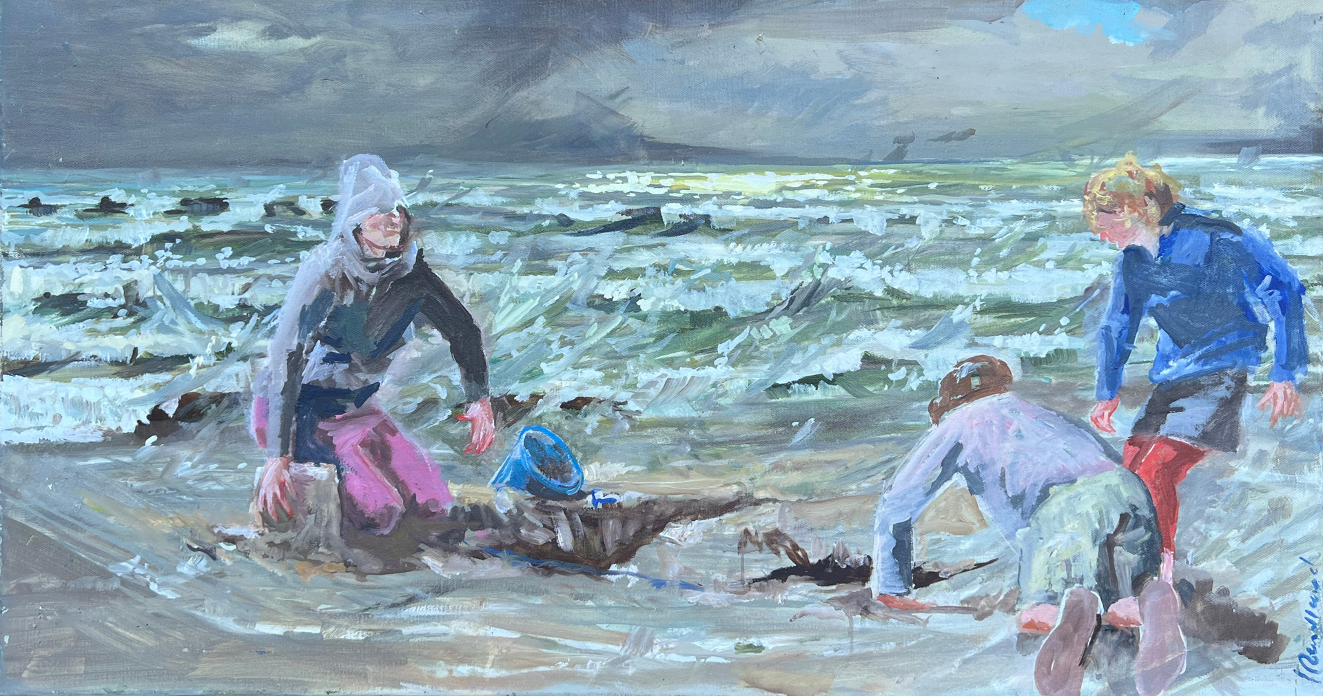 Gemälde: 3 Personen buddeln am Strand vor einer aufgewühlten See