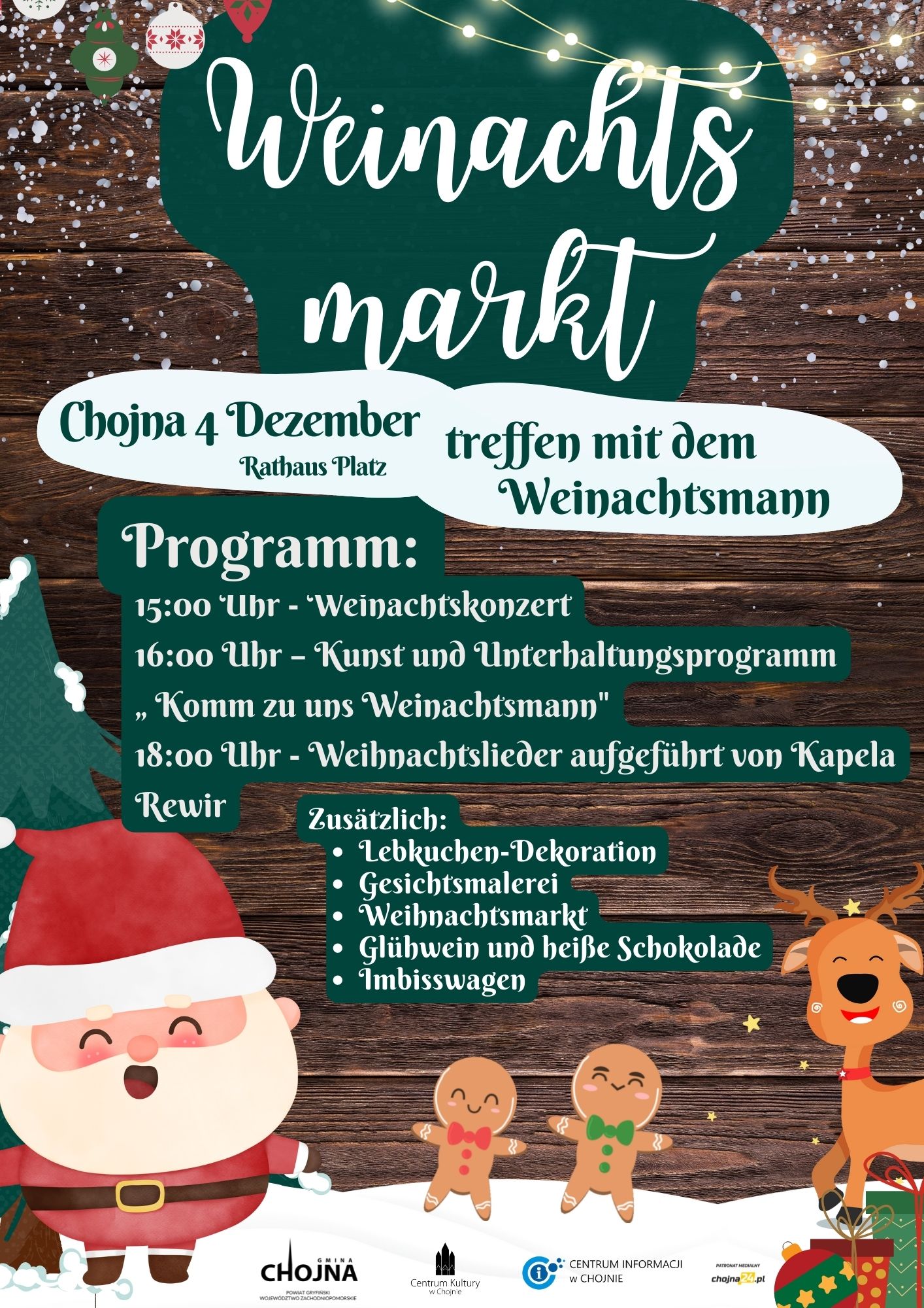 Grafik: Text und Grafiken Weihnachtsmann, Lebkuchen, Rentier