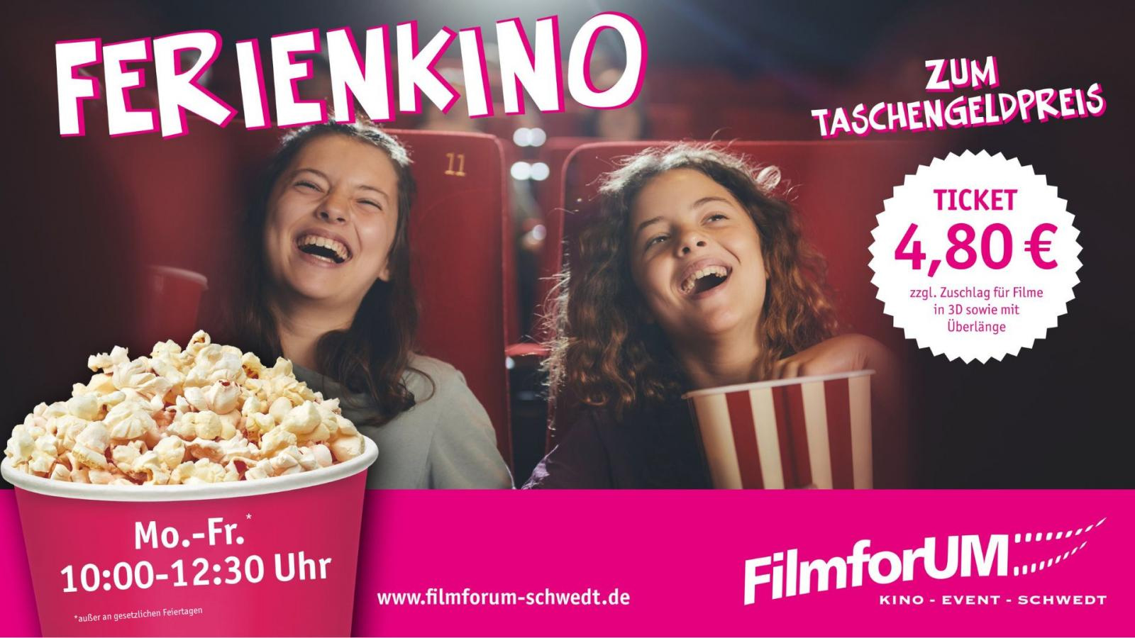 Grafik: 2 lachende Mädchen mit Popkorn. Text: Ferienkino zum Taschengeldpreis