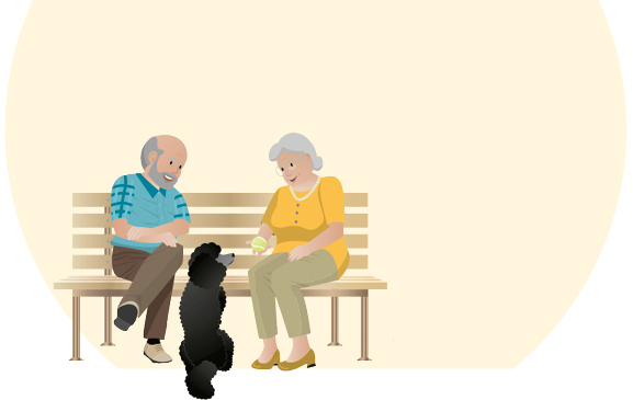 Grafik: älteres Paar mit Hund sitzen auf einer Bank