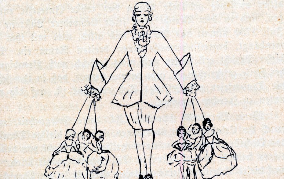 Mann hält Marionettenpuppen an beiden Händen