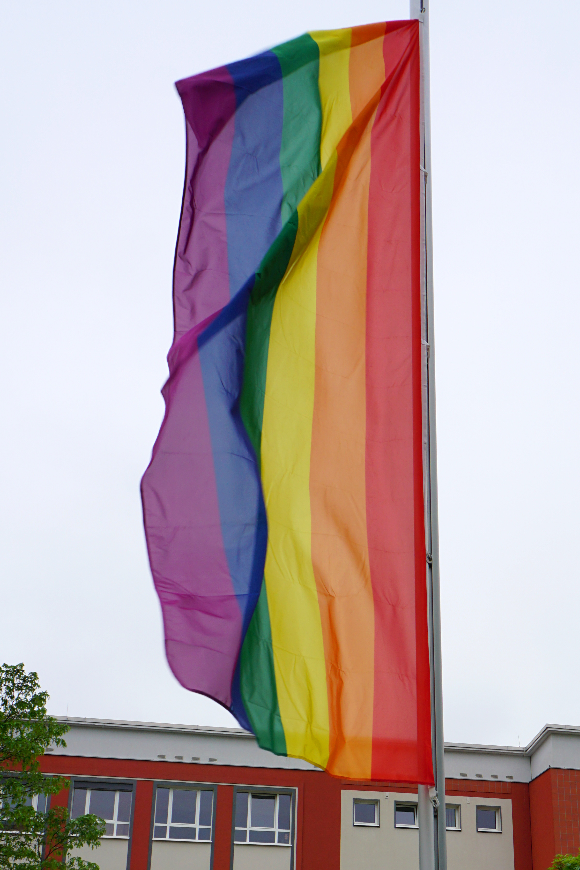 Foto: gehisste Regenbogenfahne vor dem Rathaus
