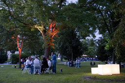 Foto: Sitzgruppen unter beleuchteten Parkbäumen