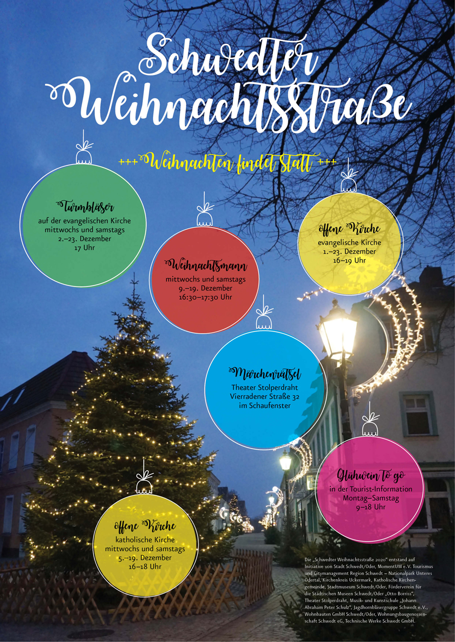 Plakat: bunte Kugeln mit Programminformationen vor den beleuchteten Weihnachtsbaum vom Vierradener Platz