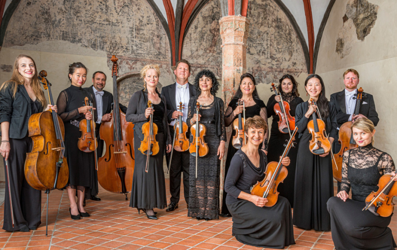 Gruppenfoto: Musiker mit Streichinstrumenten in einem Raum mit Gewölbe