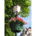 Foto vom 6. Juni 2012: Straßenlaterne mit Blumenkorb vor der Stadtmühle am Vierradener Platz