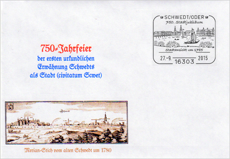 Abbildung einer historischen Stadtansicht auf einem weißen Briefumschlag mit Sonderstempel